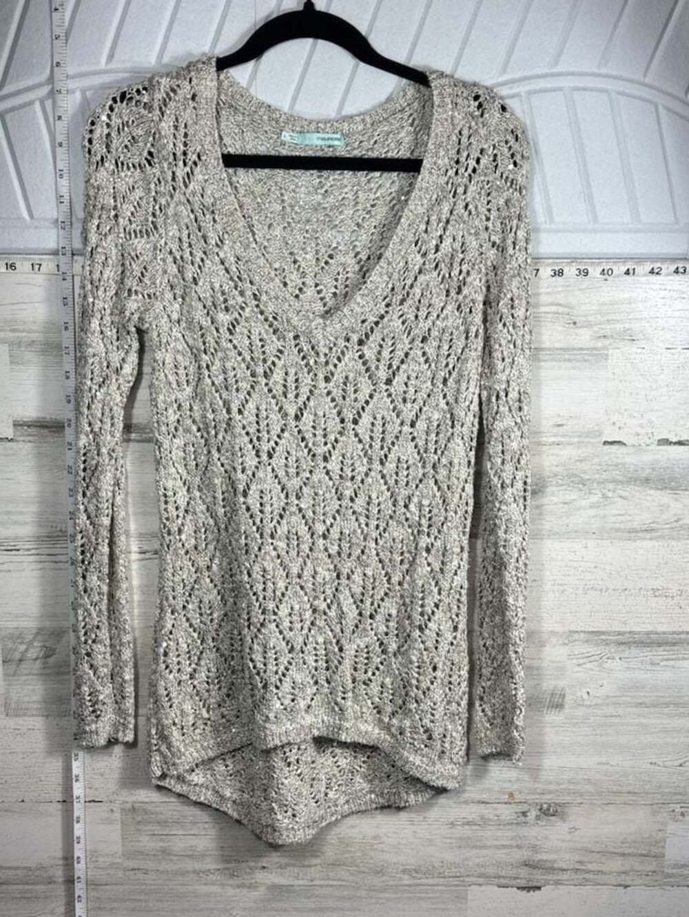 Maurices Womens Size L Gray Open Knit Crochet V-Neck High Low Sweater